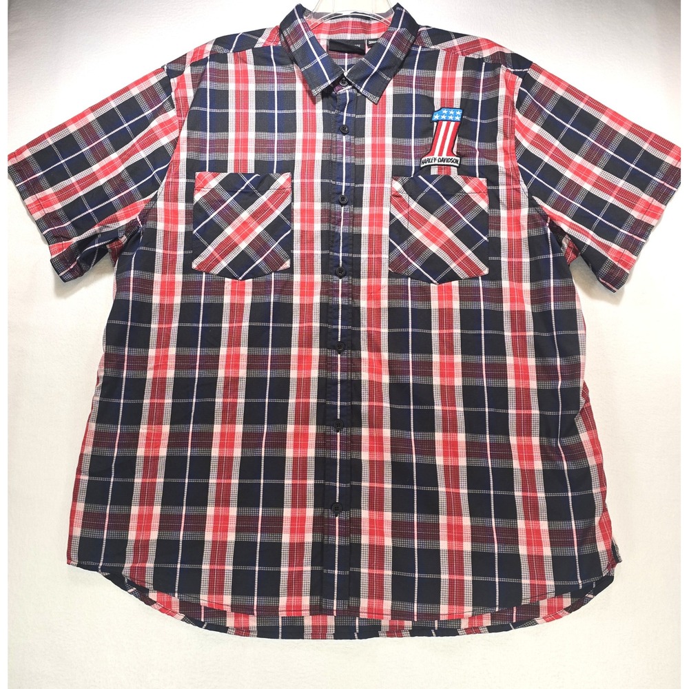Harley-Davidson Mens 3XL Plaid Button Down Shirt Red White Blue Short Sleeve #1